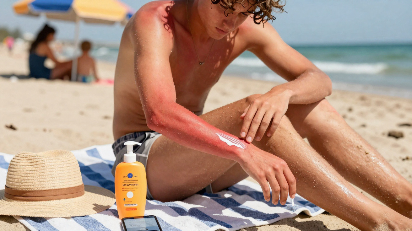 Young man with sunburn applying sunscreen on his arm while sitting on a beach towel by the sea