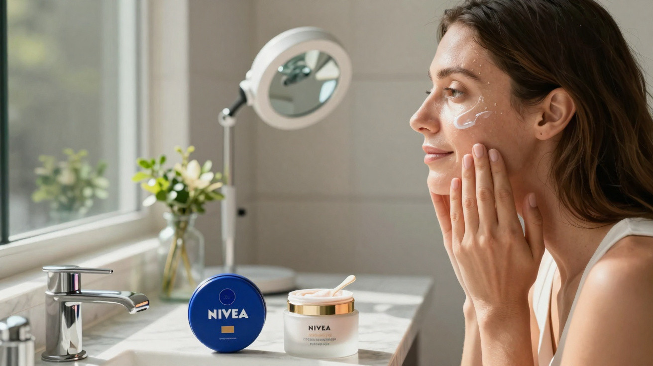 Woman applying Nivea face cream in bright bathroom with flowers and mirror in background.