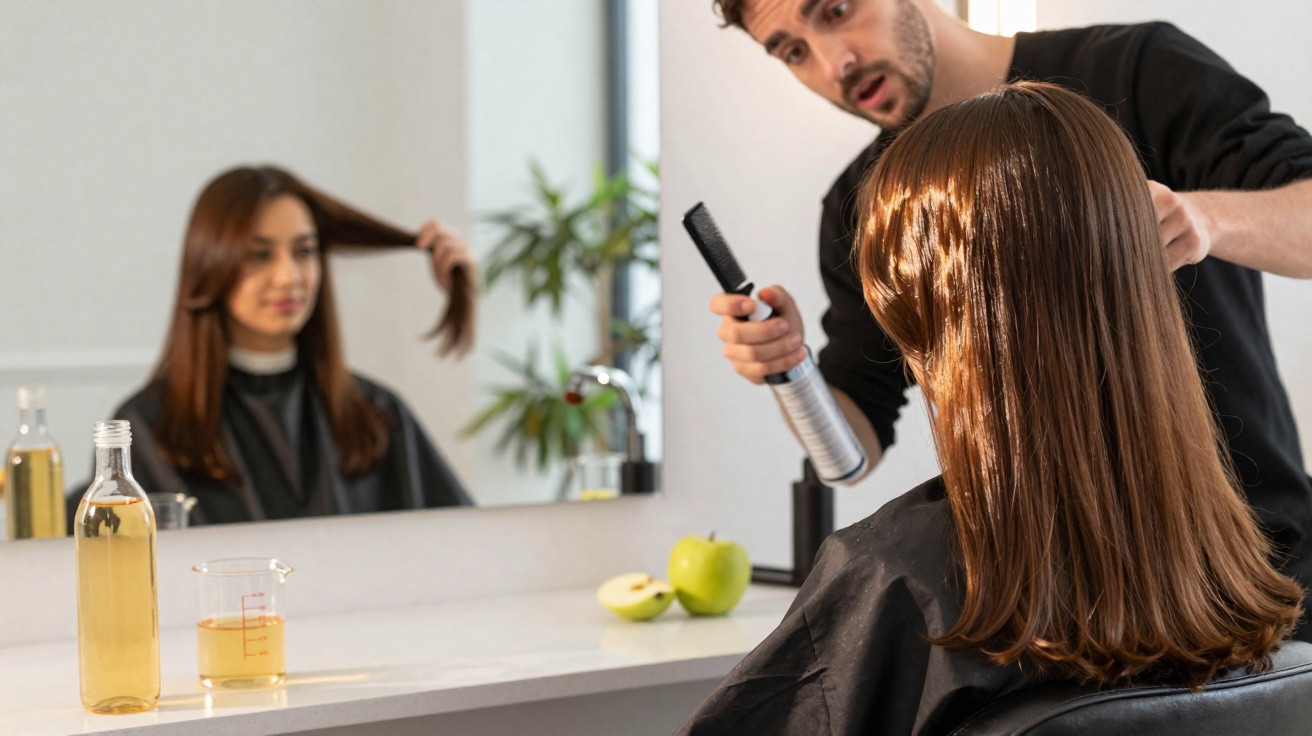 Hairdresser styling a woman’s shoulder-length brown hair in a salon with mirror and hair products visible.