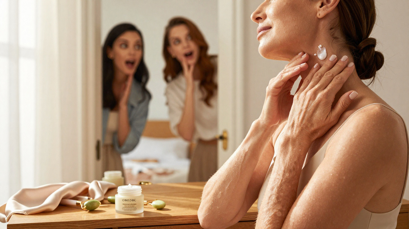 Woman applying cream on neck with two surprised friends watching from doorway, skincare on table.