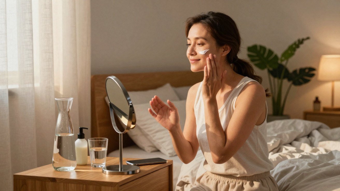 Woman sitting on bed applying cream to her face in a softly lit bedroom with a mirror on the bedside table.