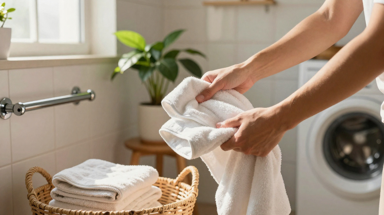 Person folding white towels over a laundry basket in a bright laundry room with a washing machine.
