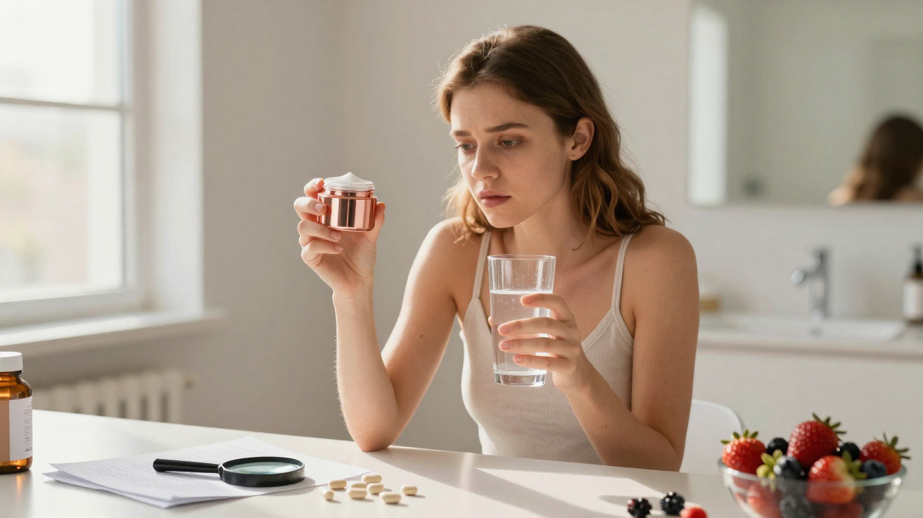 Young woman holding a jar of cream and a glass of water, sitting at a table with pills and a bowl of fruit.