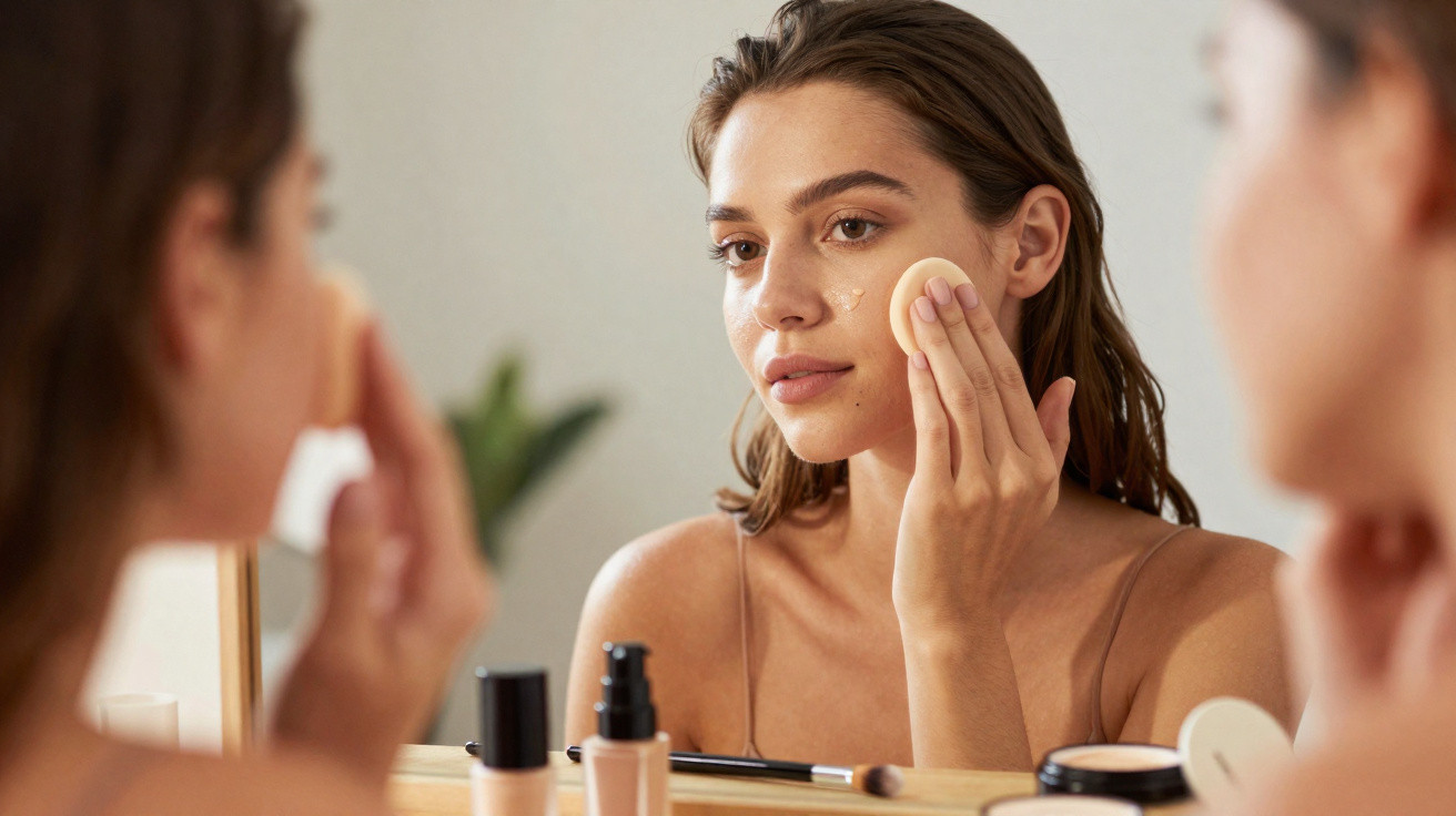 Young woman applying foundation with a makeup sponge in front of a mirror with cosmetics on the table.