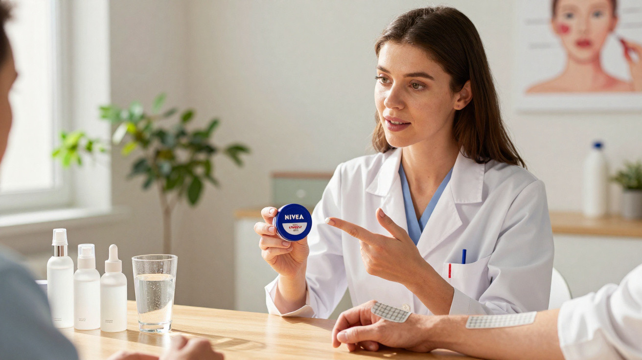 Female doctor explaining Nivea cream to patients with skin test patches on their arms in a medical office.