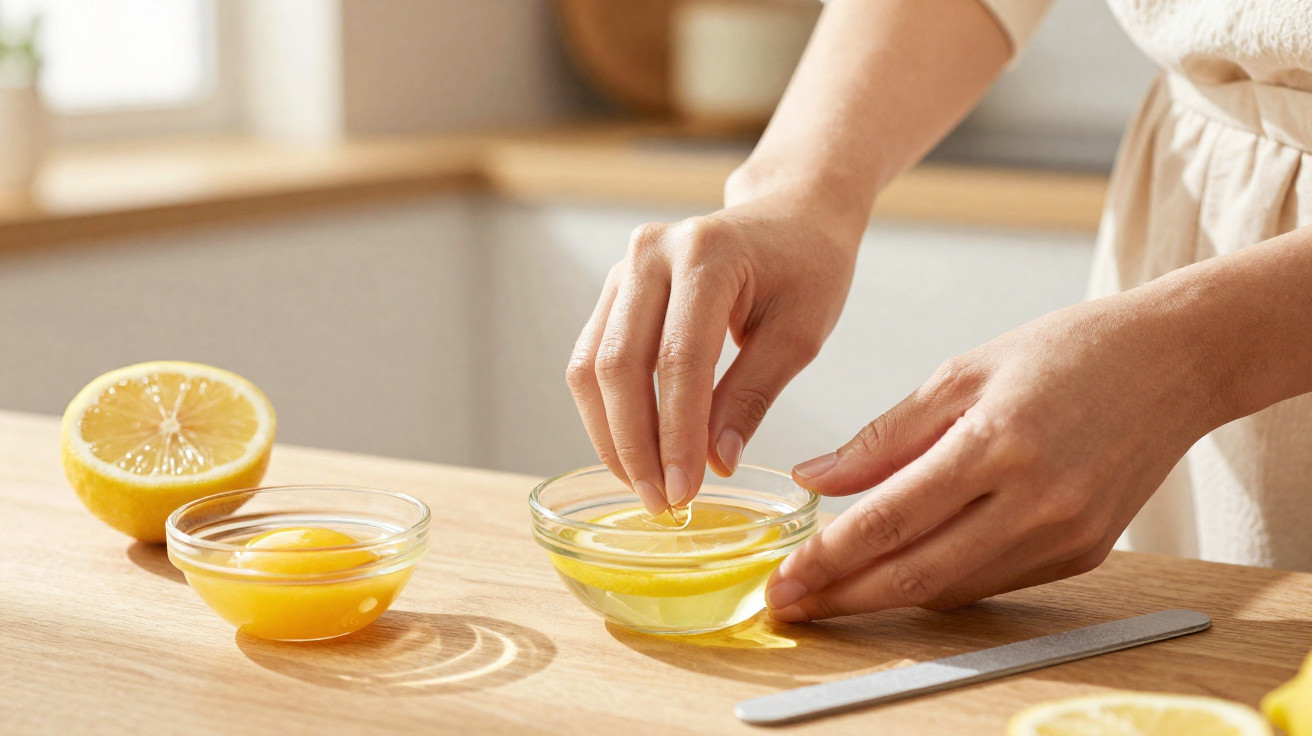 Person squeezing lemon juice into a small glass bowl on a wooden kitchen counter.