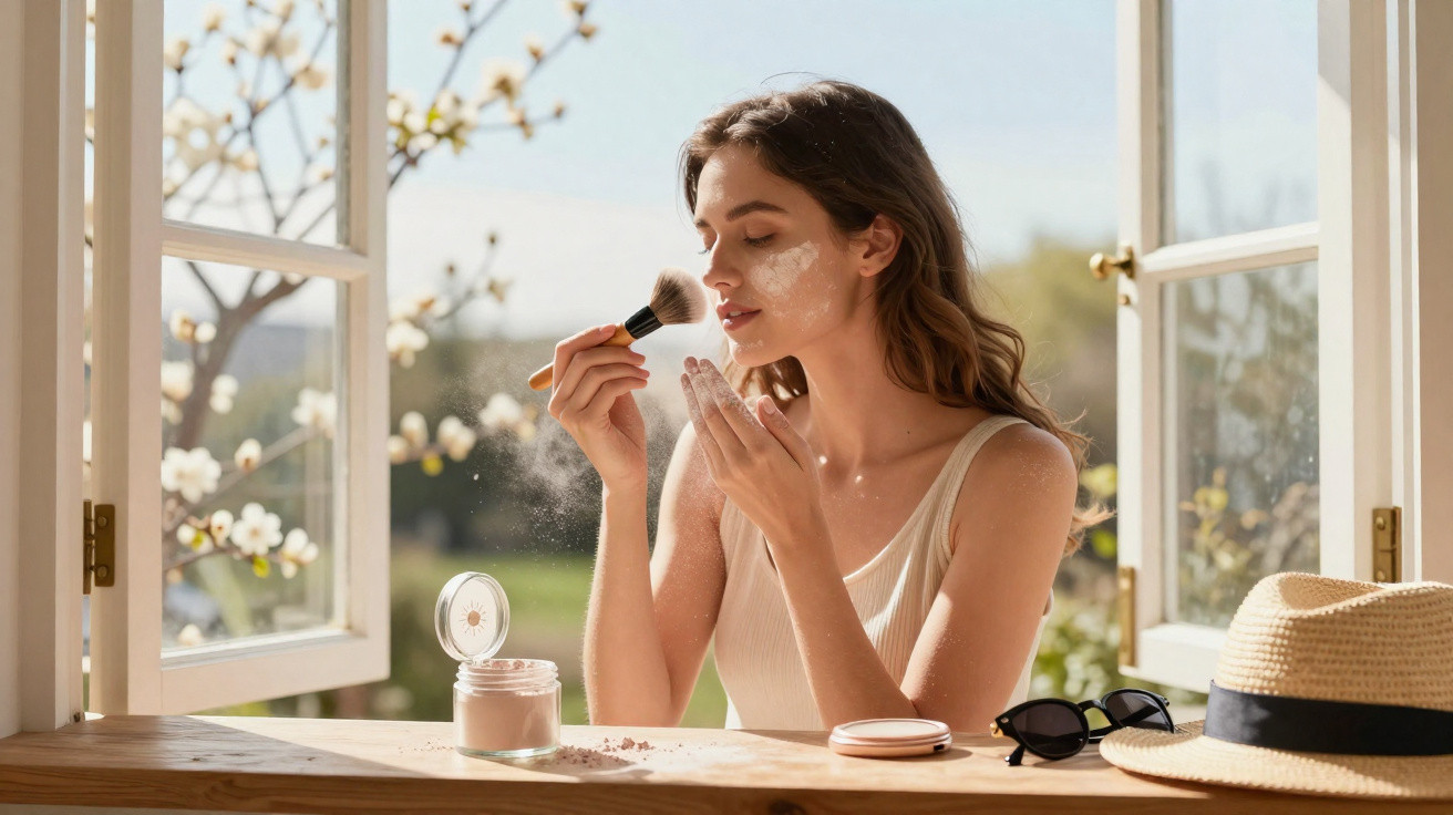 Woman applying face powder with a brush by an open window on a sunny day, with a hat and sunglasses nearby