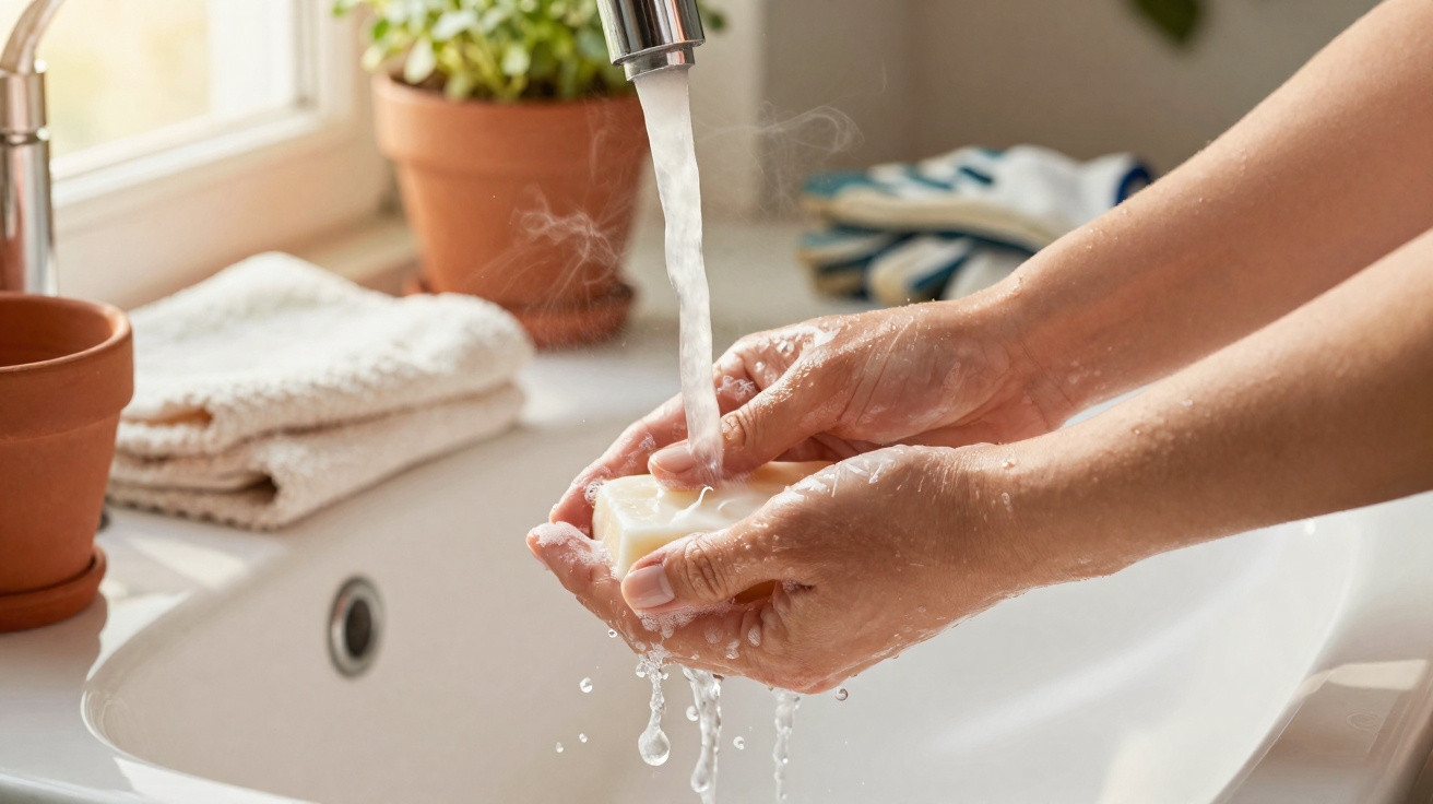 Hands holding a bar of soap under running water with steam rising, near potted plants and folded towels.