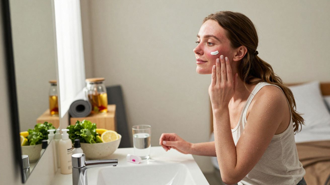 Woman applying cream on her face while sitting at a bathroom sink with plants and a glass of water nearby.