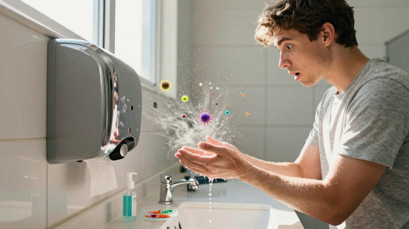 Young man washing hands with animated germs floating above sink in a bright, tiled bathroom.