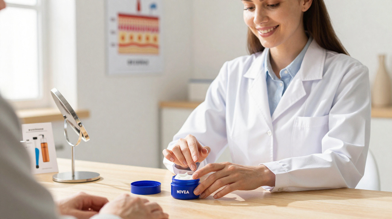 A woman in a white coat smiling as she applies cream from a Nivea jar on a wooden table.