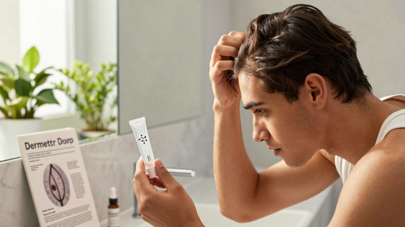 Young man examining hair and holding skincare product tube in bright bathroom with plants and mirror.
