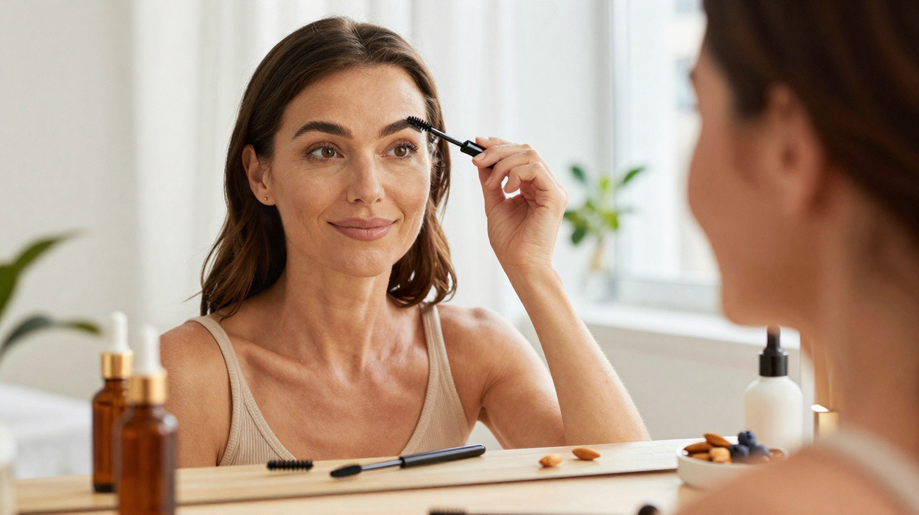 Woman applying eyebrow mascara while looking into a mirror at a wooden vanity with skincare products.