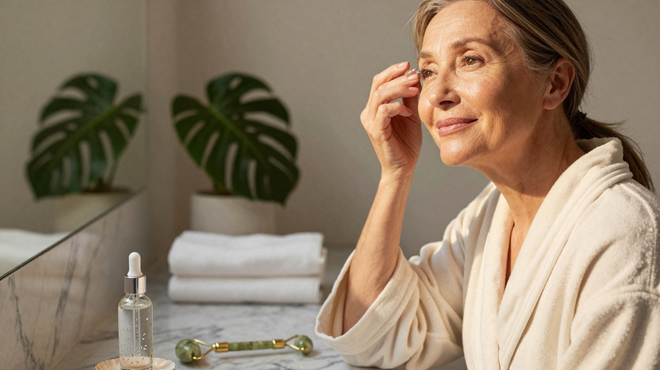 Mature woman in a bathrobe applying skincare serum in front of a mirror on a marble countertop.
