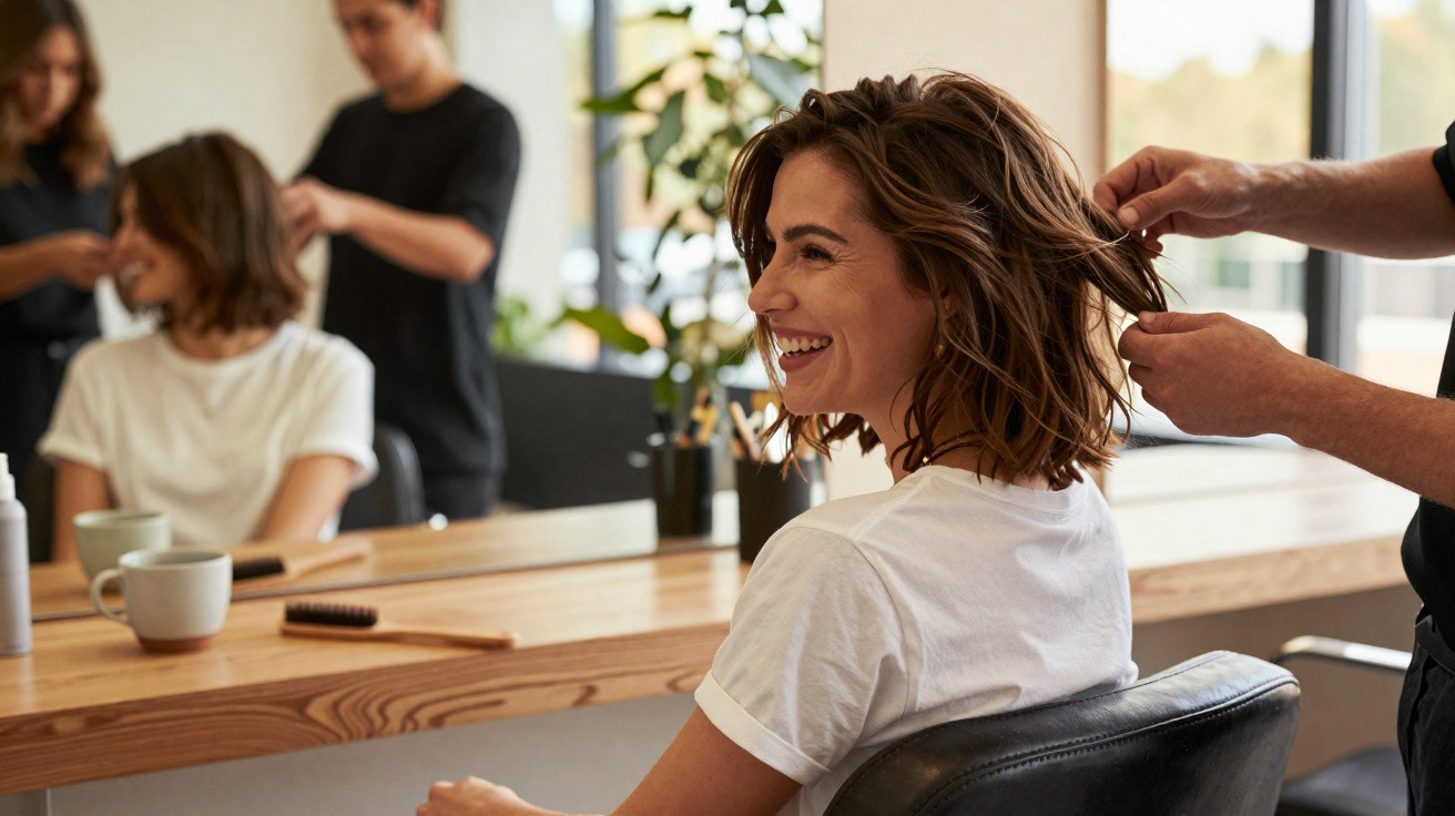 Woman smiling while getting her hair styled at a salon with two cups and a brush on the counter.