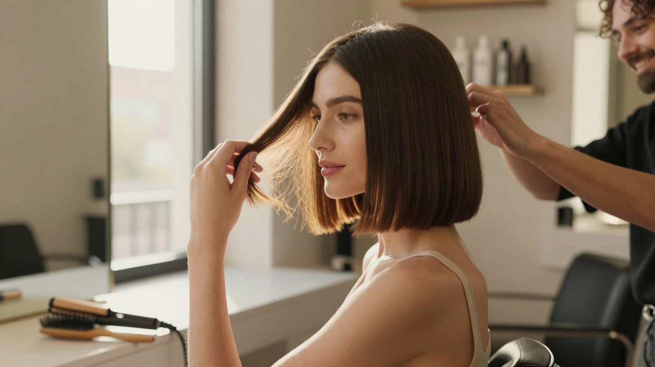 Woman with straight brown bob haircut sitting in salon chair while stylist adjusts her hair