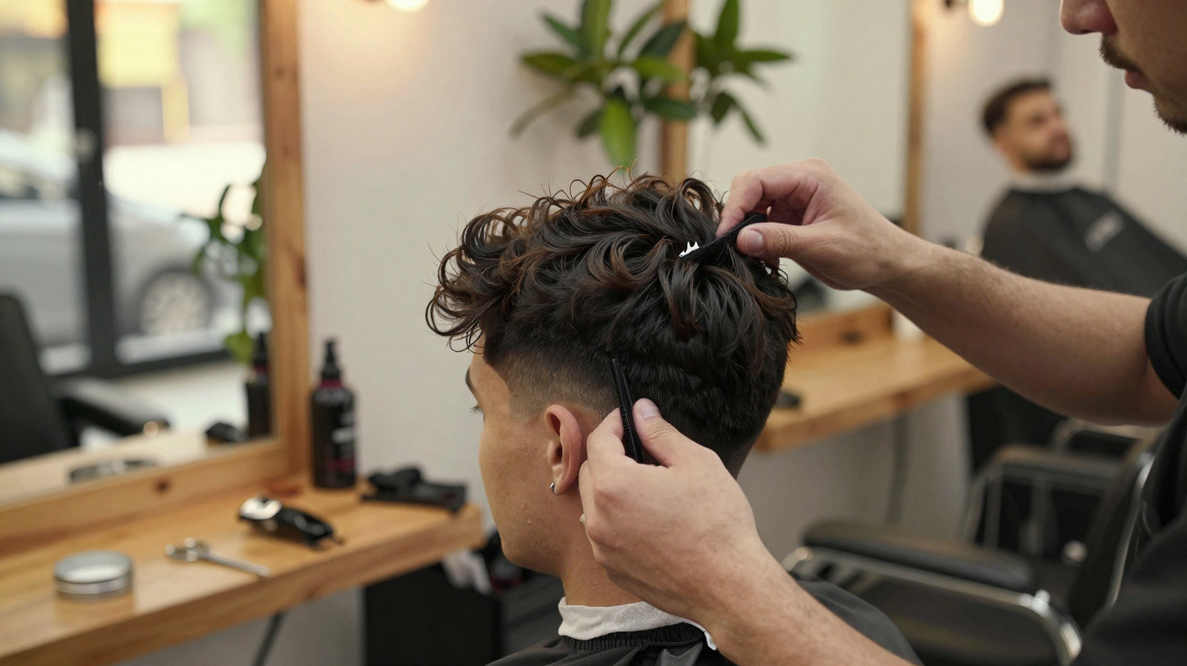 Hairstylist trimming and styling a young man's curly hair in a modern barbershop.