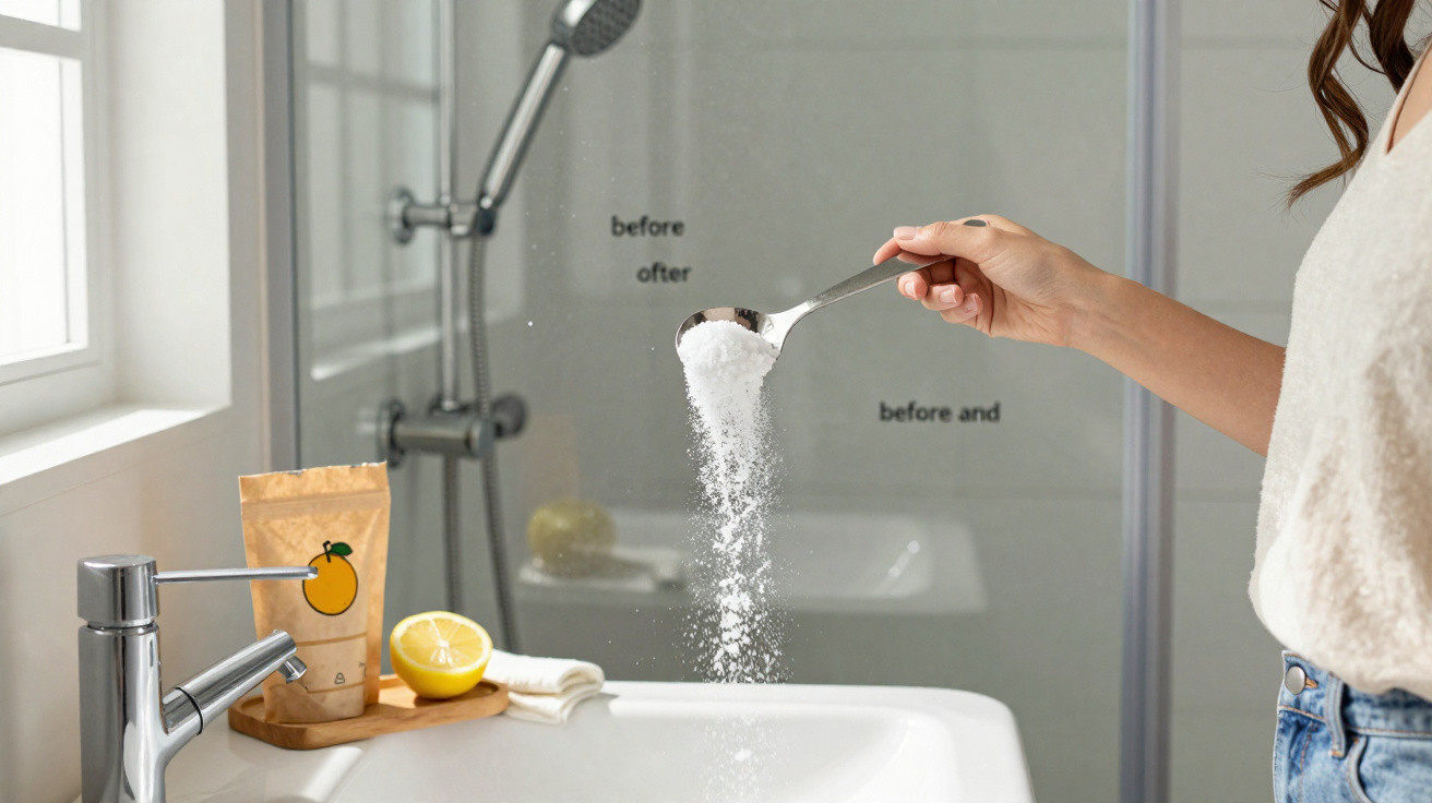 Person sprinkling white powder from a spoon over a bathroom sink with lemon and cleanser nearby.