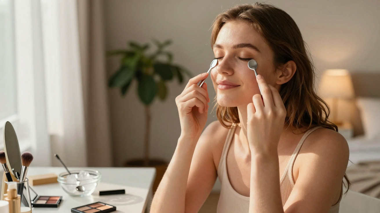 Young woman using facial massage spoons under her eyes in a softly lit bedroom setting.