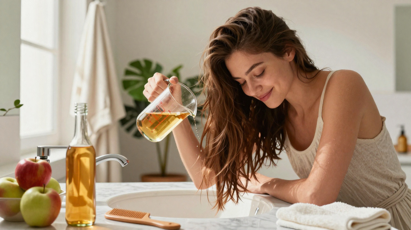 Woman pouring oil onto her long hair over a bathroom sink with apples and a comb on the counter.