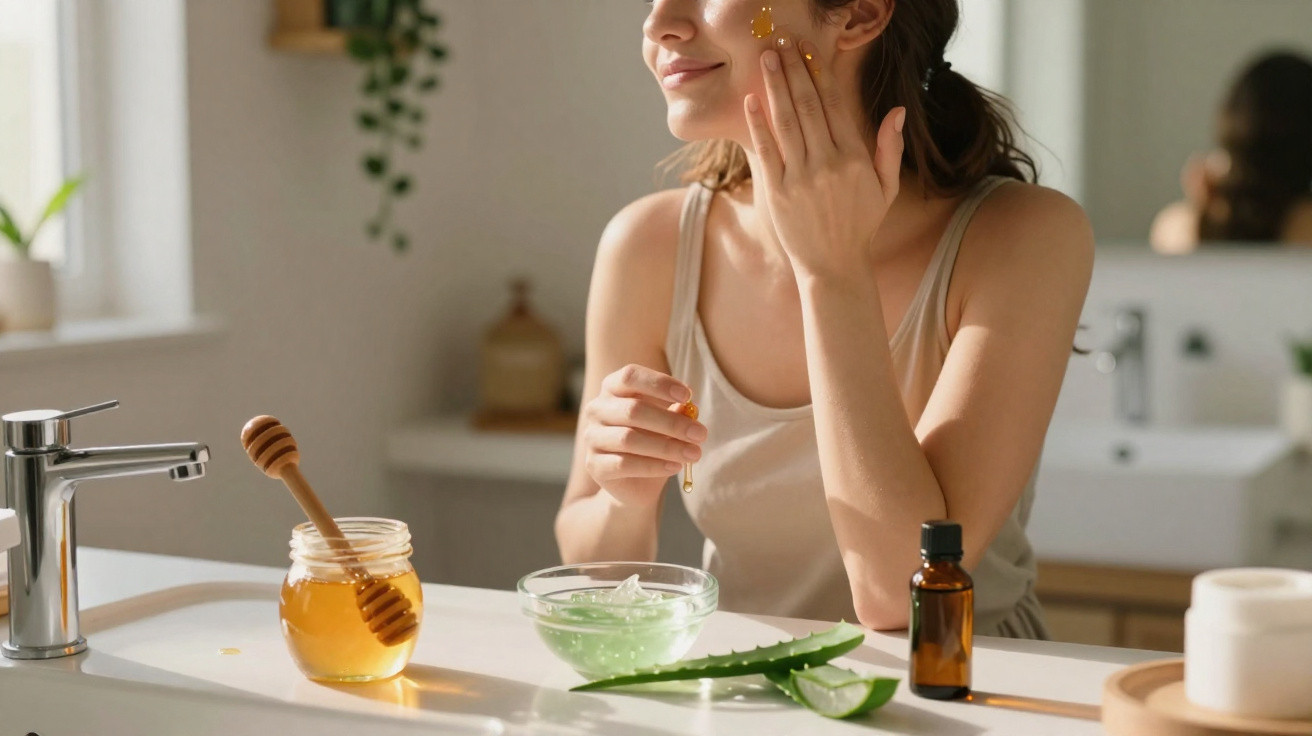 Woman applying skincare serum with honey and aloe vera on bathroom countertop in natural light.