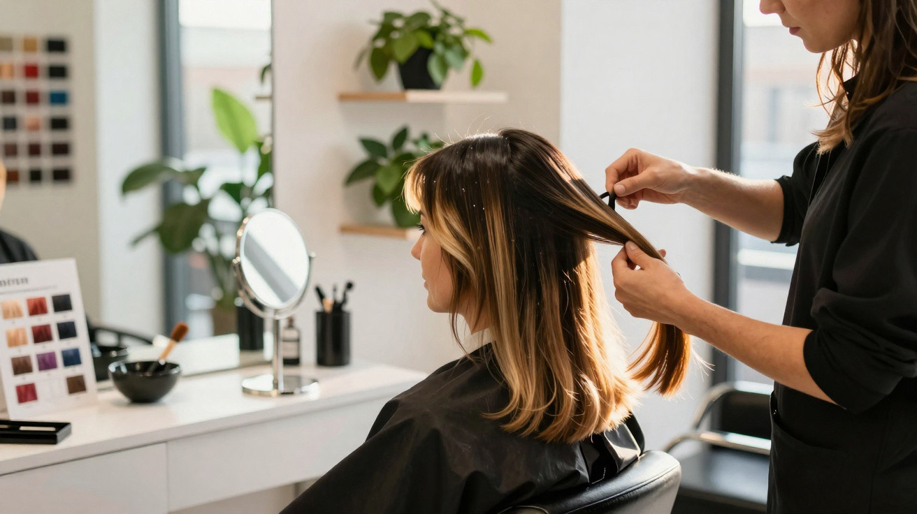 Hairdresser styling a seated woman’s shoulder-length hair in a bright, modern salon.