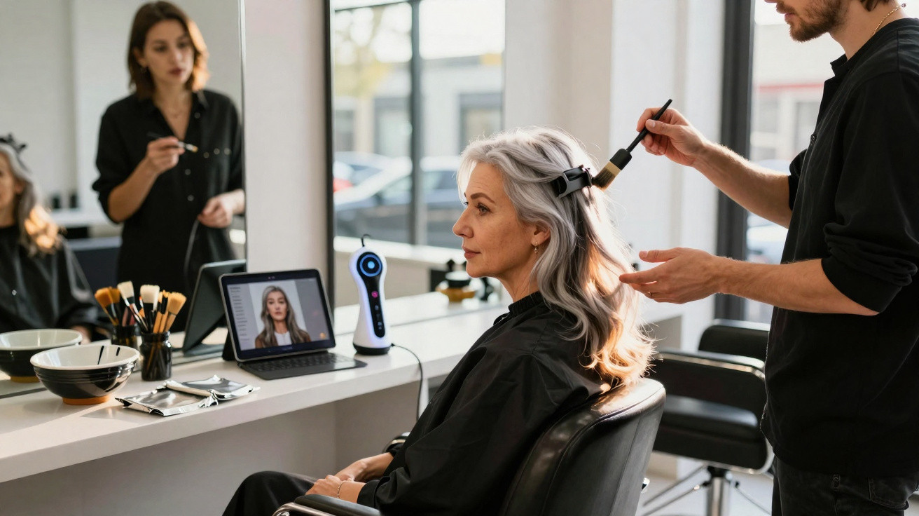 Woman with grey hair having her hair styled by a male hairdresser in a modern salon with a female makeup artist nearby.