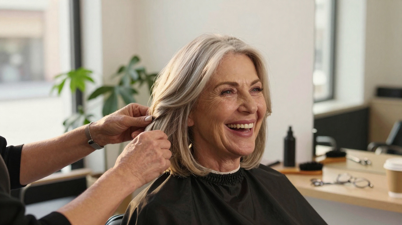 Smiling older woman getting her grey hair styled in a salon with natural light and plants in the background.