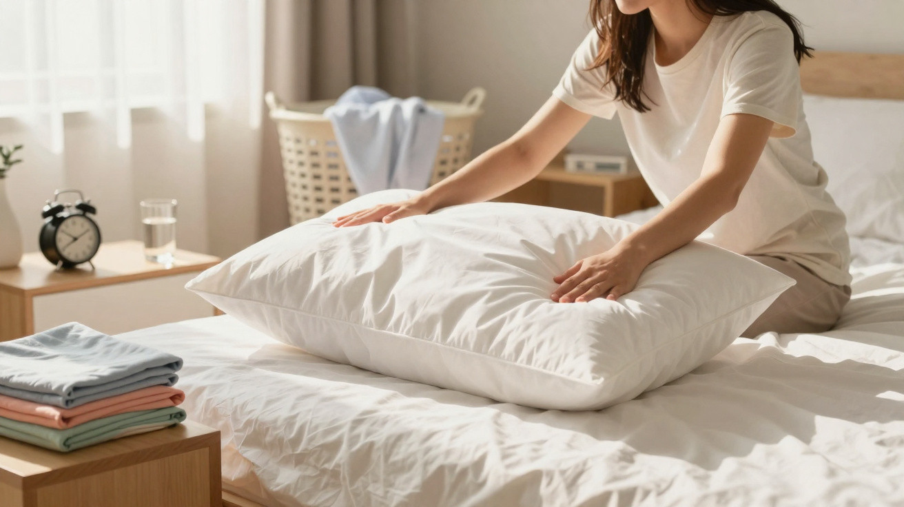 Person fluffing a white pillow on a made bed in a bright, tidy bedroom with folded clothes nearby.
