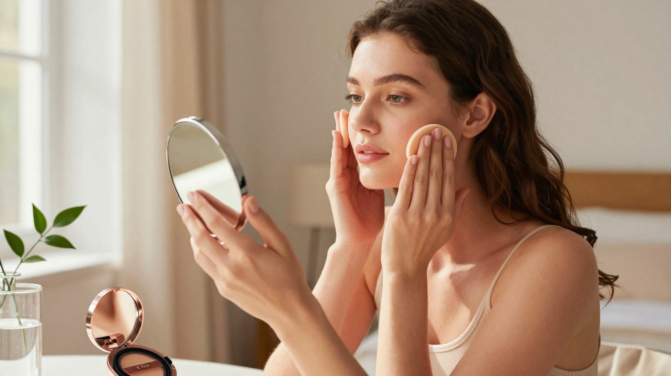 Young woman applying makeup with a sponge while looking in a handheld mirror at a bright vanity table.