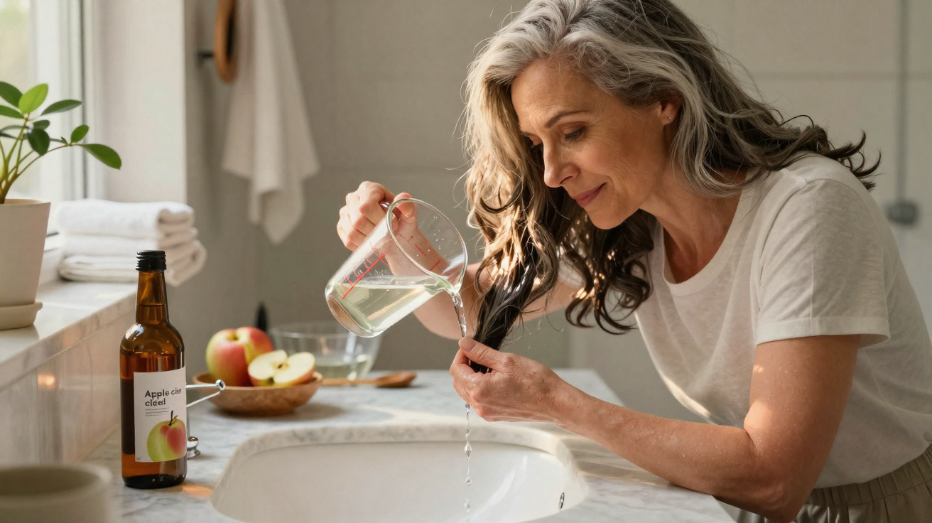 Mature woman pouring apple cider vinegar from a measuring jug onto her hair over a bathroom sink.