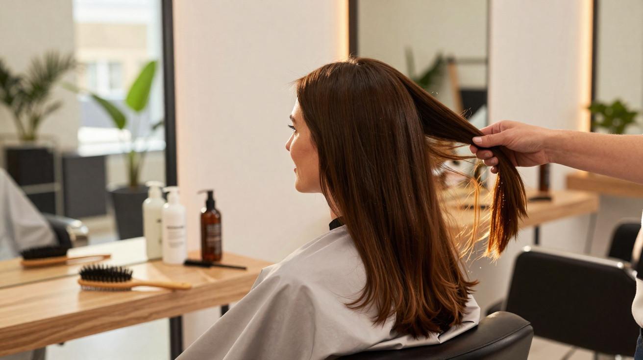 Woman with medium brown hair sitting in a salon chair while stylist holds a section of her hair.
