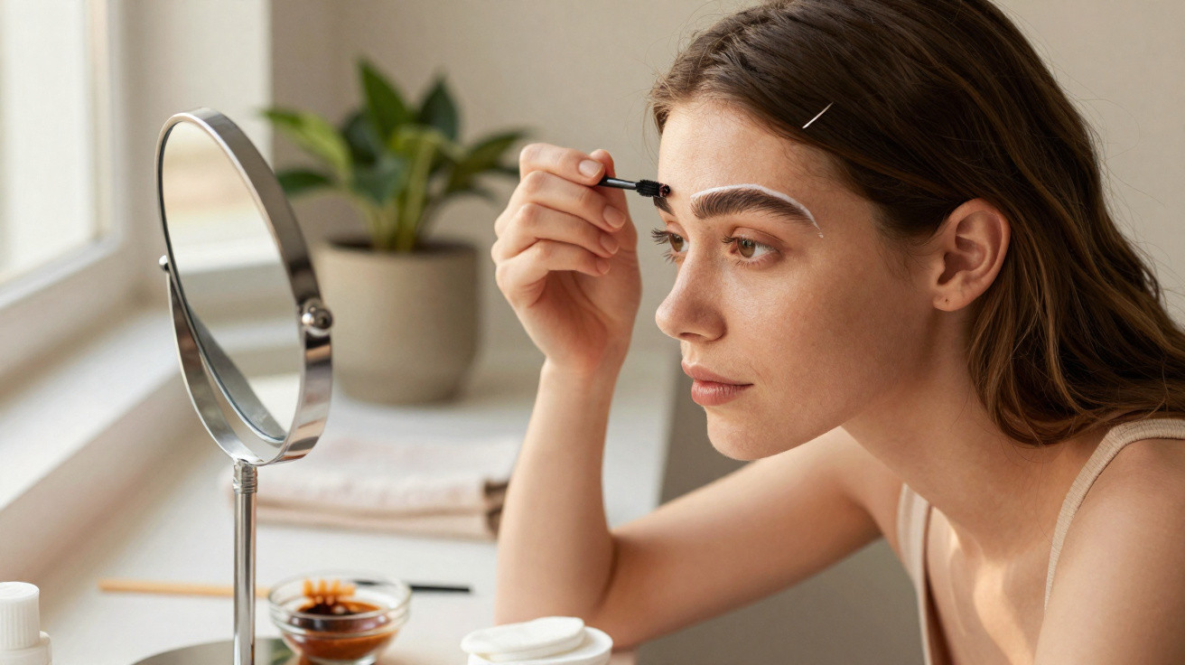 Young woman carefully applying eyebrow makeup using a small brush in front of a round mirror.