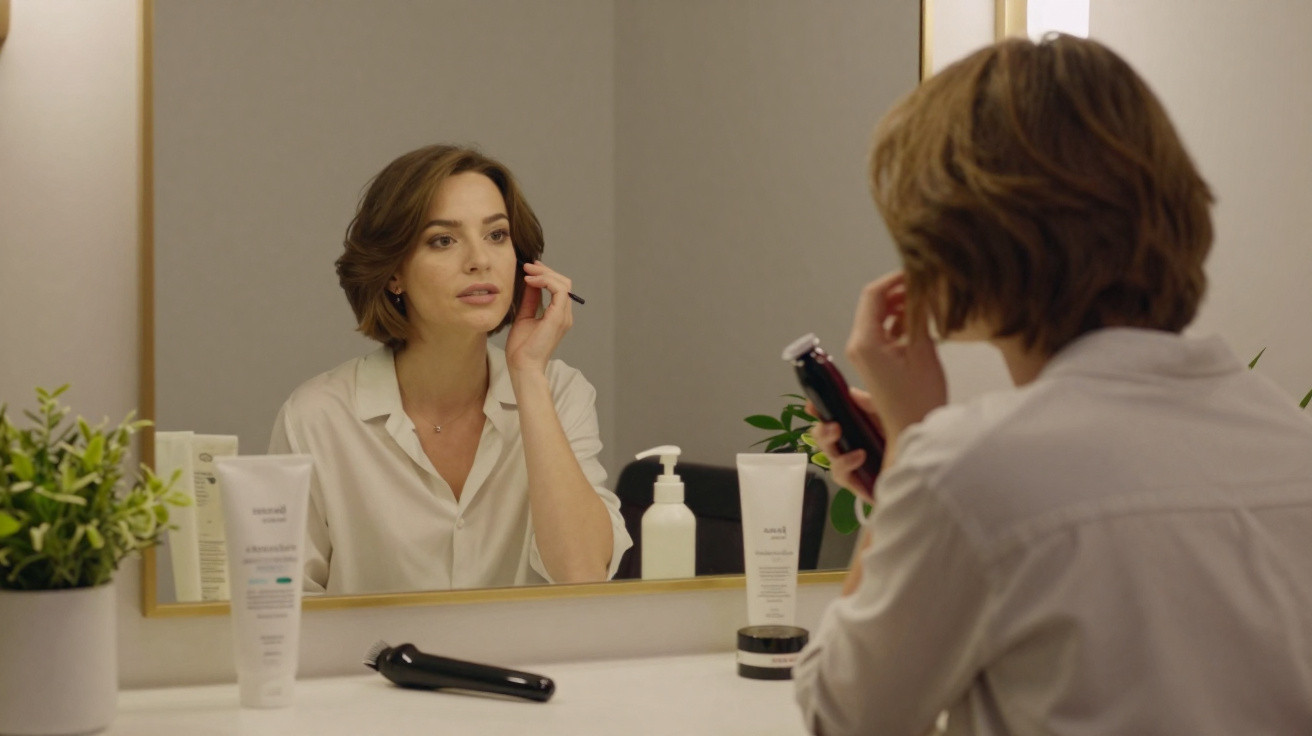 Woman applying makeup in front of a mirror on a white countertop with skincare products and a plant nearby.