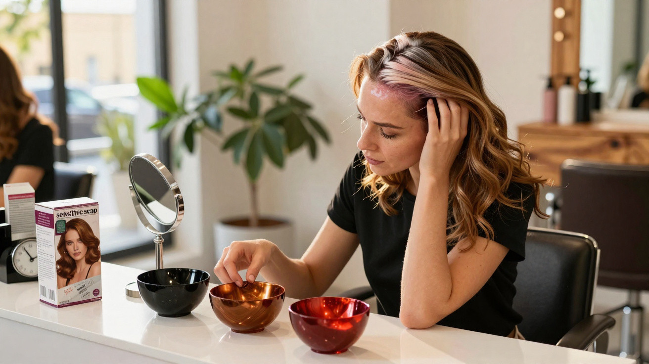 Woman with dyed pink hair inspecting hair dye bowls at a salon table beside a mirror and hair dye box