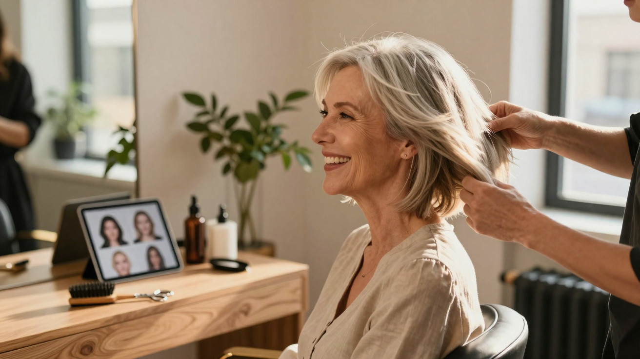 Smiling older woman sitting in salon chair while hairstylist arranges her short grey hair near window.