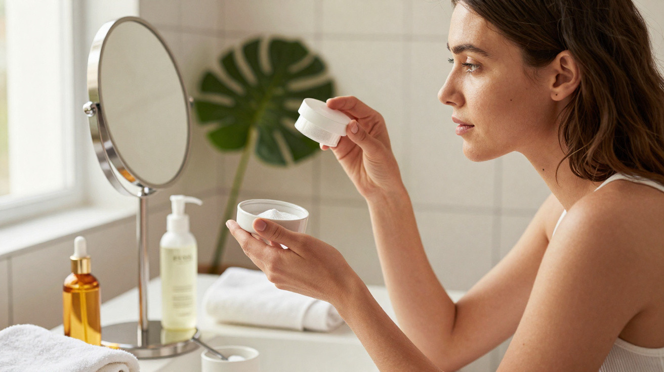 Woman holding a jar of cream while looking into a round mirror in a bright bathroom setting.