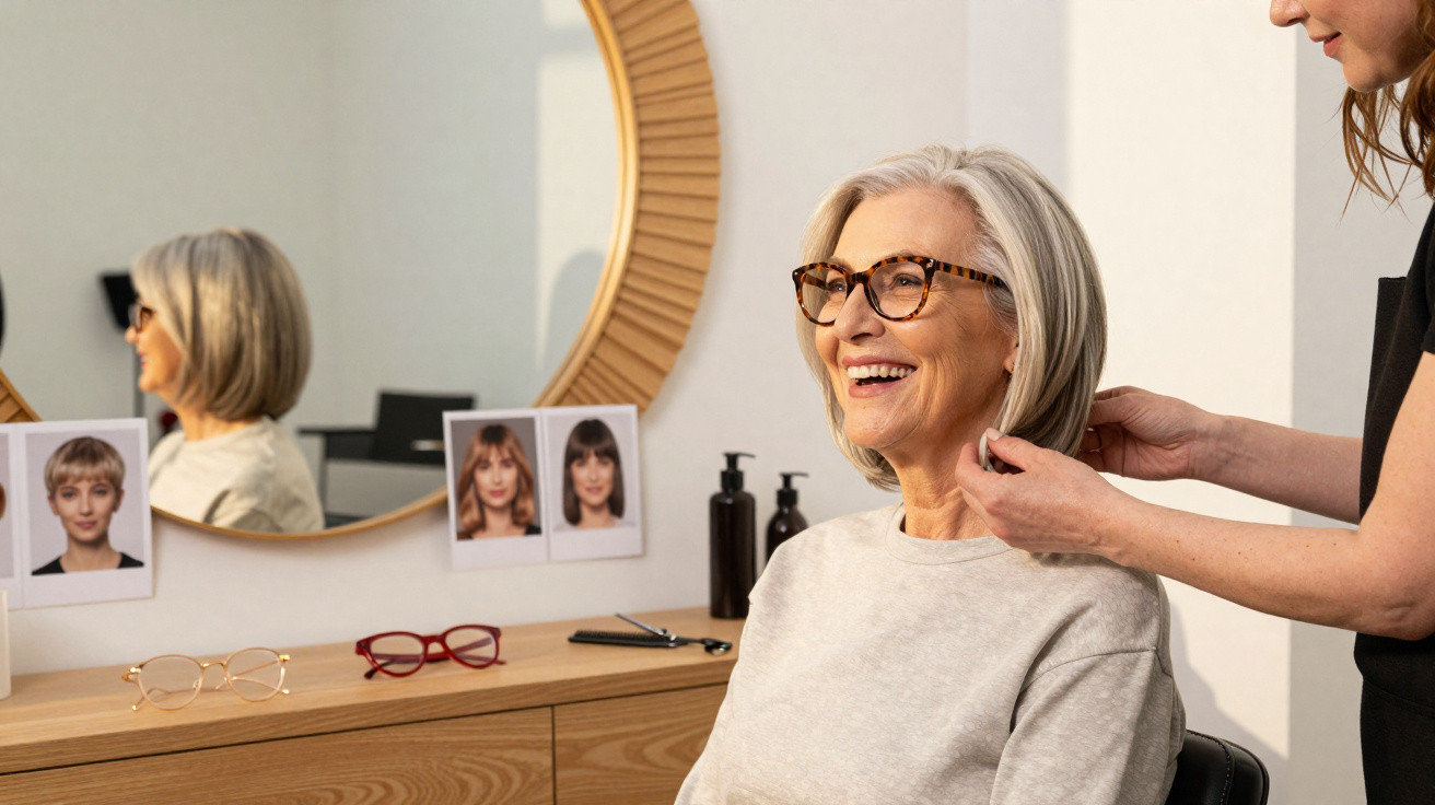 Older woman smiling while getting her hair styled in a salon with a mirror and glasses on the counter behind her.