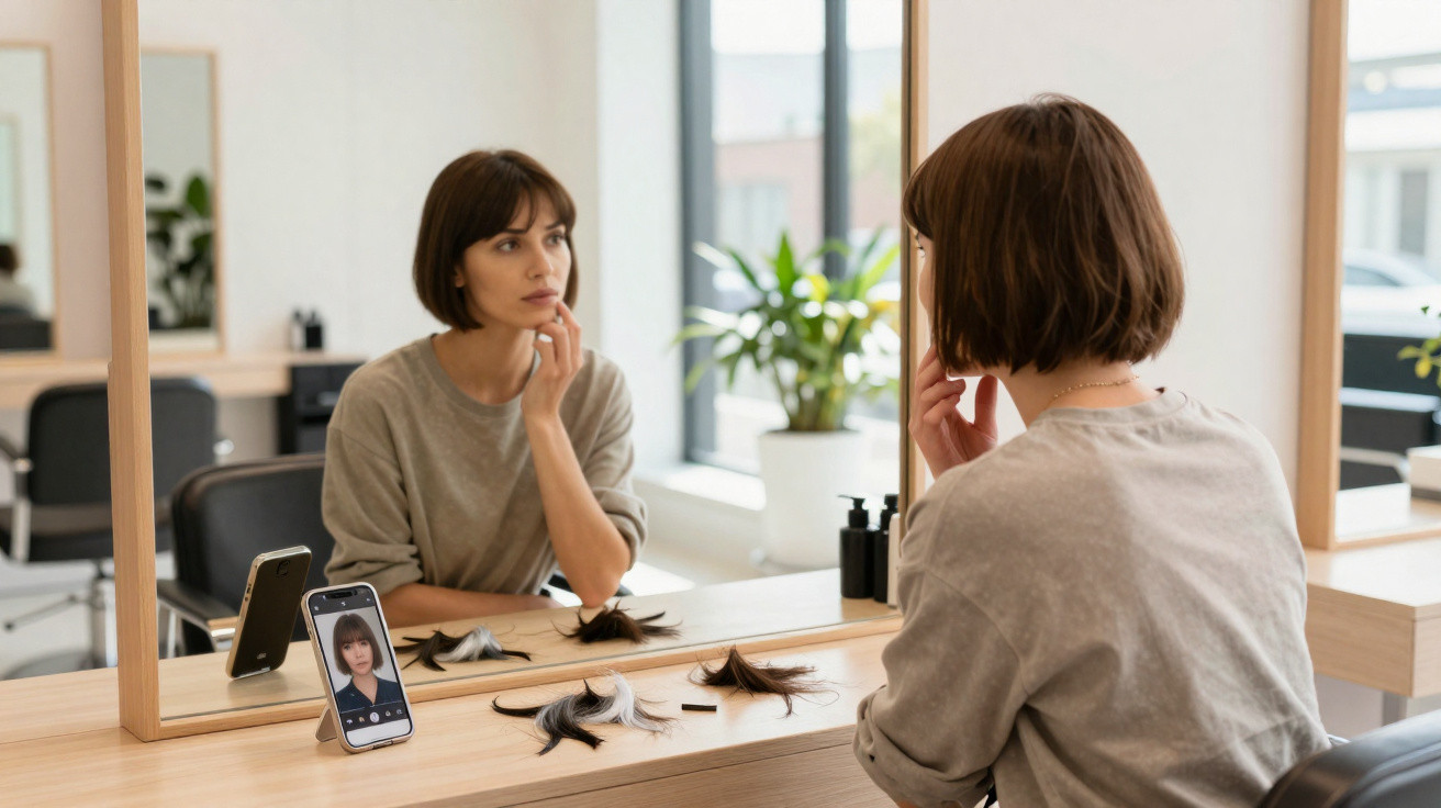 Woman with short brown hair sitting at a salon mirror with hair colour samples and phone showing a hairstyle.