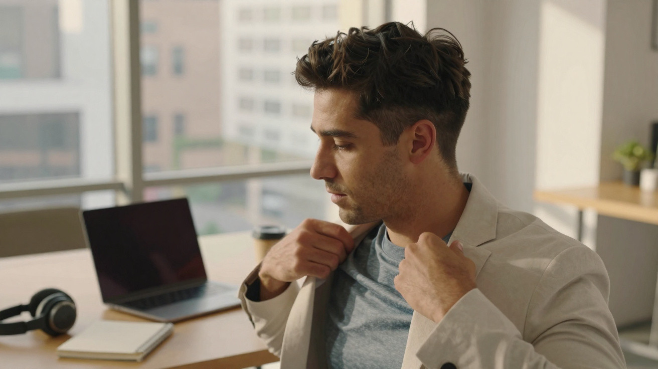 Young man adjusting blazer while sitting at desk with laptop and headphones in bright office.