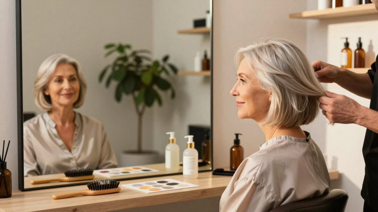 Older woman with grey hair having her hair styled in front of a large mirror at a salon.
