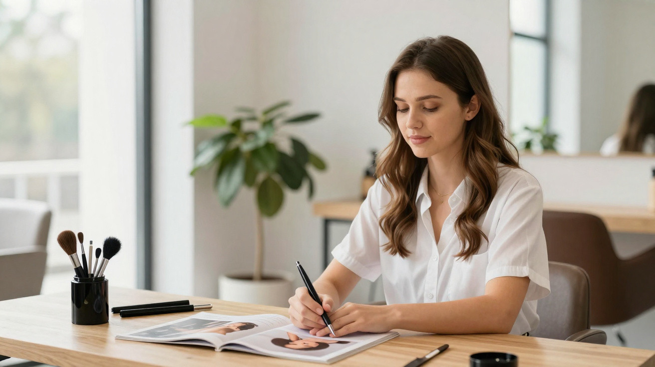 Young woman in white shirt drawing makeup looks in a beauty magazine at a wooden table