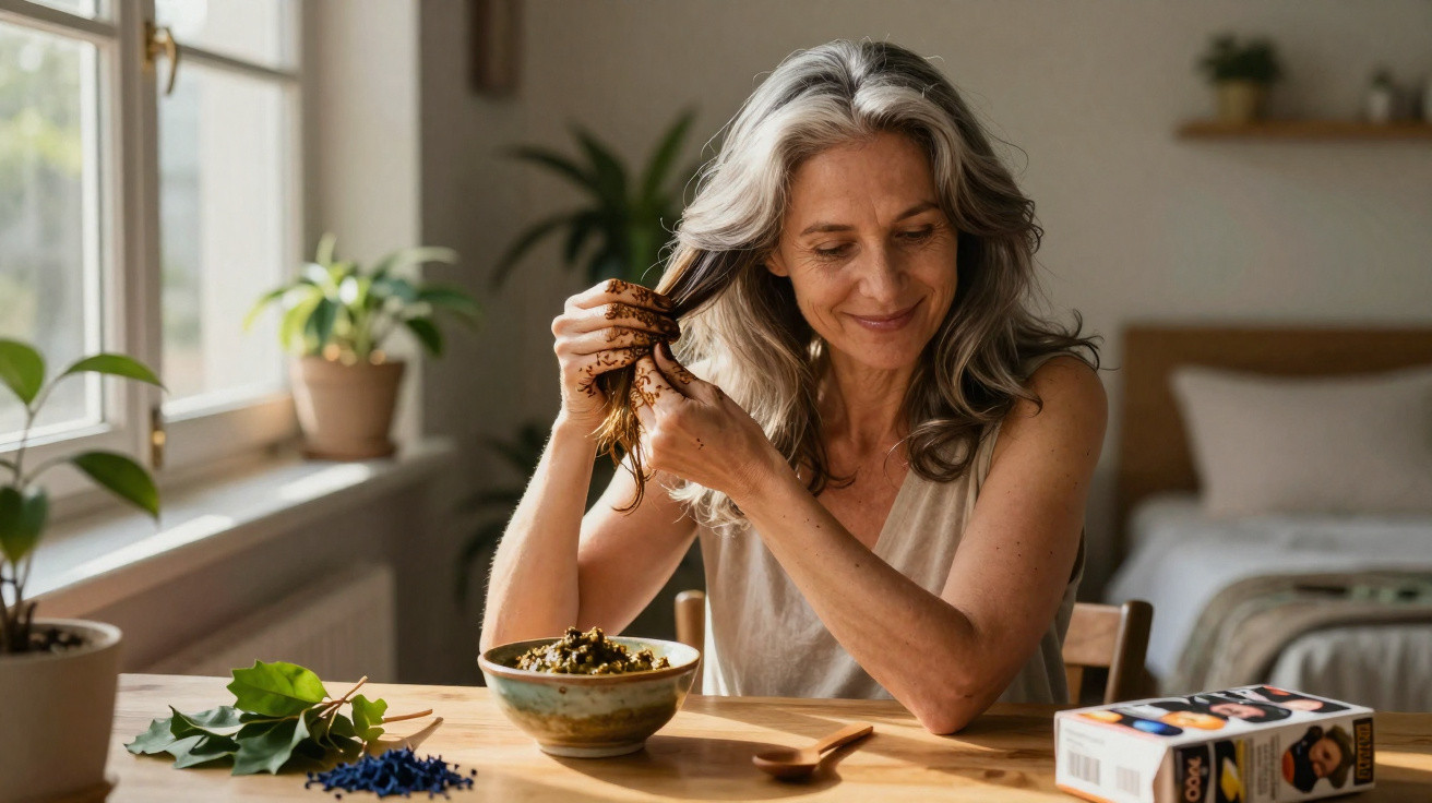 Middle-aged woman with grey hair applying henna to her hair while sitting at a wooden table in a sunlit room.