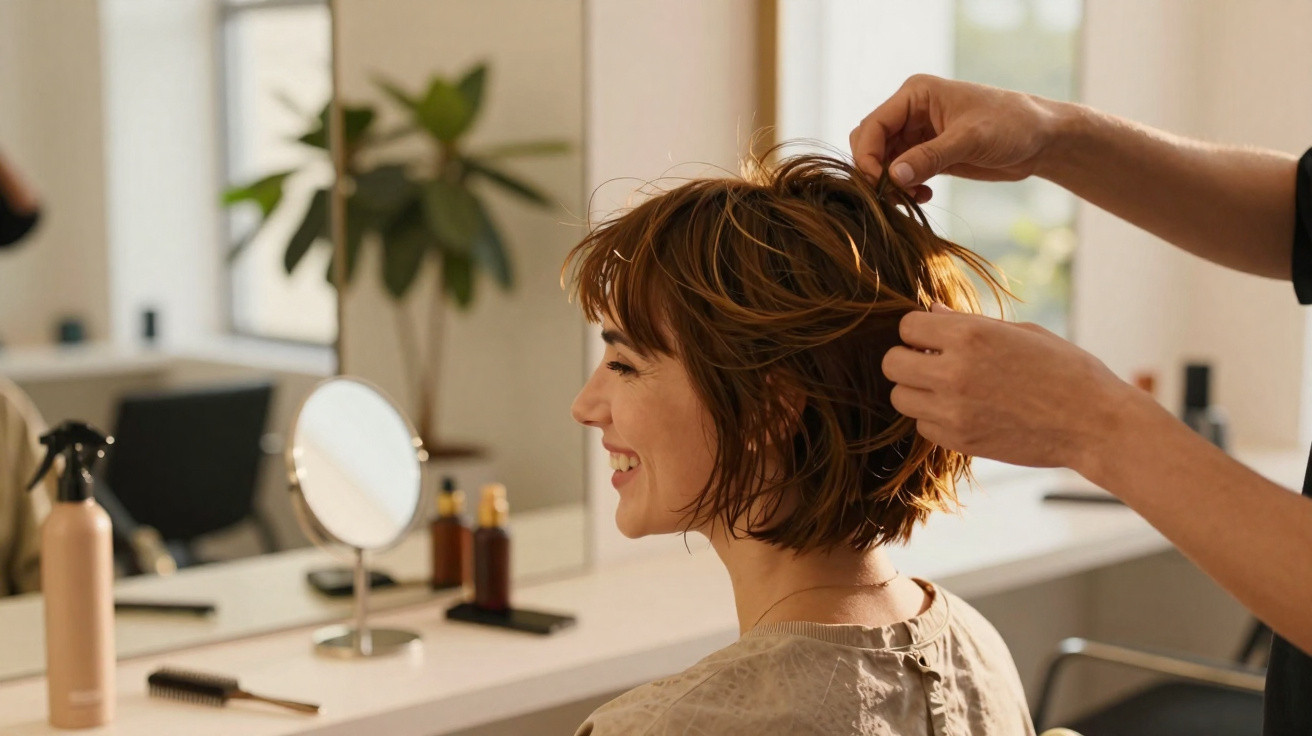 Woman smiling as a hairstylist adjusts her short brown hair in a salon with mirror and hair products in the background.