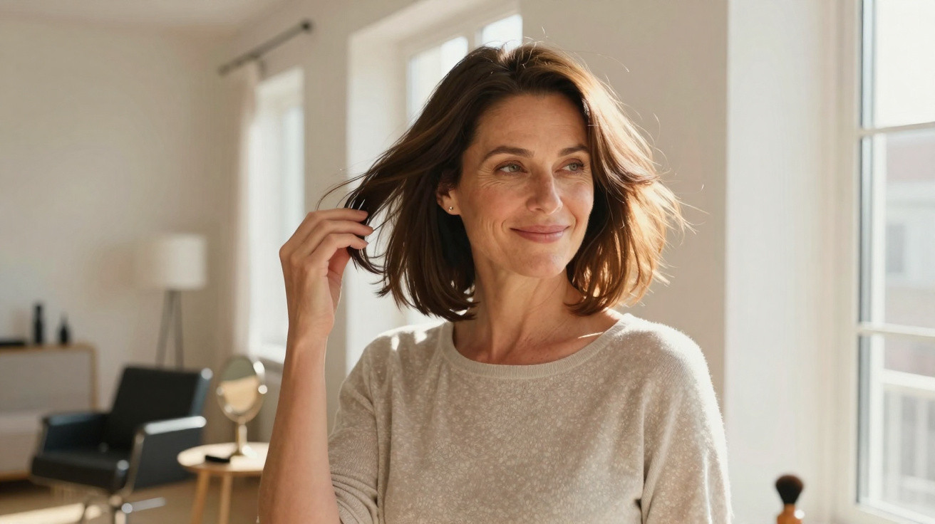 Smiling woman with shoulder-length brown hair wearing a beige sweater in a sunlit modern room.