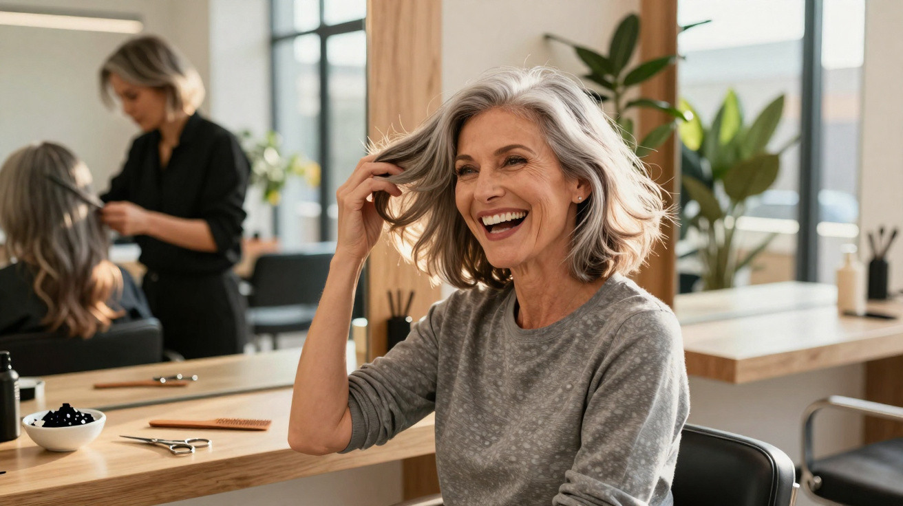 Smiling middle-aged woman with grey hair touching her hair in a modern hair salon with a stylist in the background.