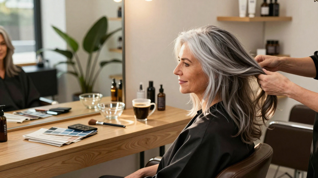 Older woman with long grey hair having her hair styled in a modern salon with natural light and wooden furniture.