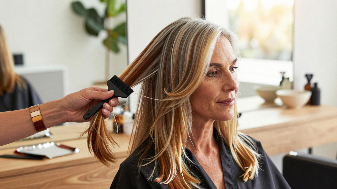 Middle-aged woman with long blonde hair having her hair brushed in a salon.