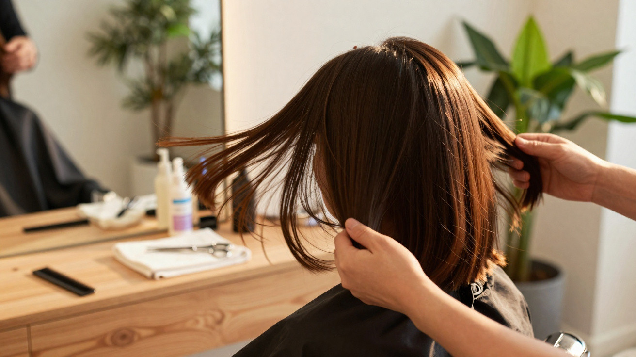 Person having their straight brown hair styled in a salon with hands arranging the hair.