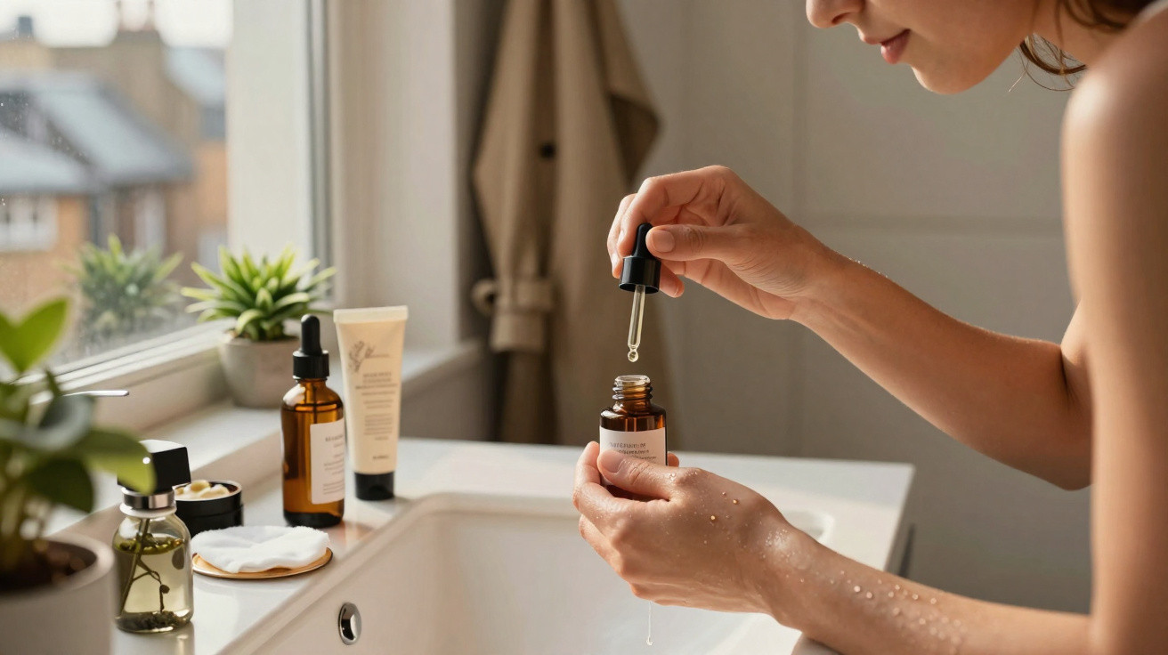 Person using dropper to apply skincare serum in a bathroom with plants and products by the sink.